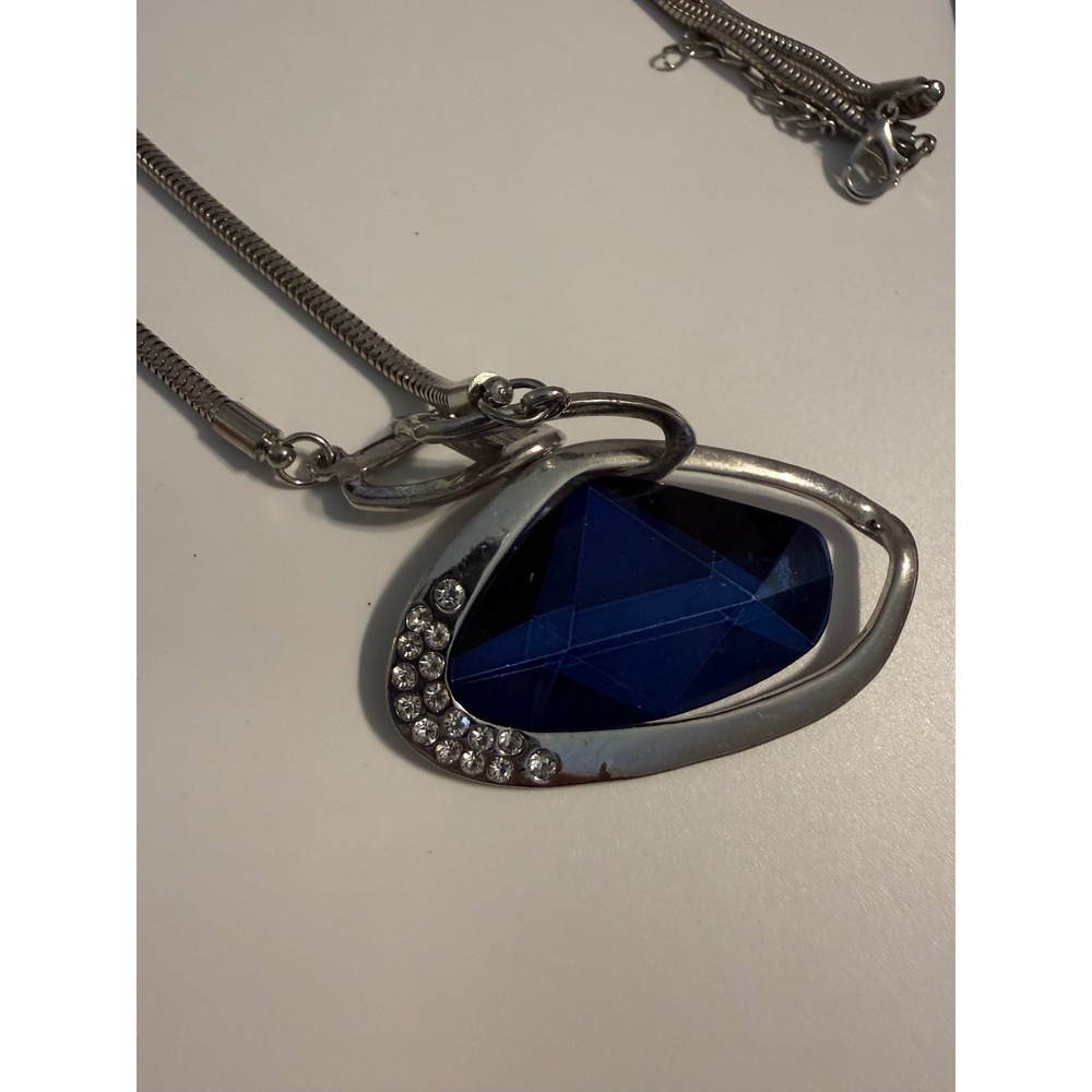 Silver Tone Blue Stone Abstract Geometric Statement Necklace Rhinestone Accents